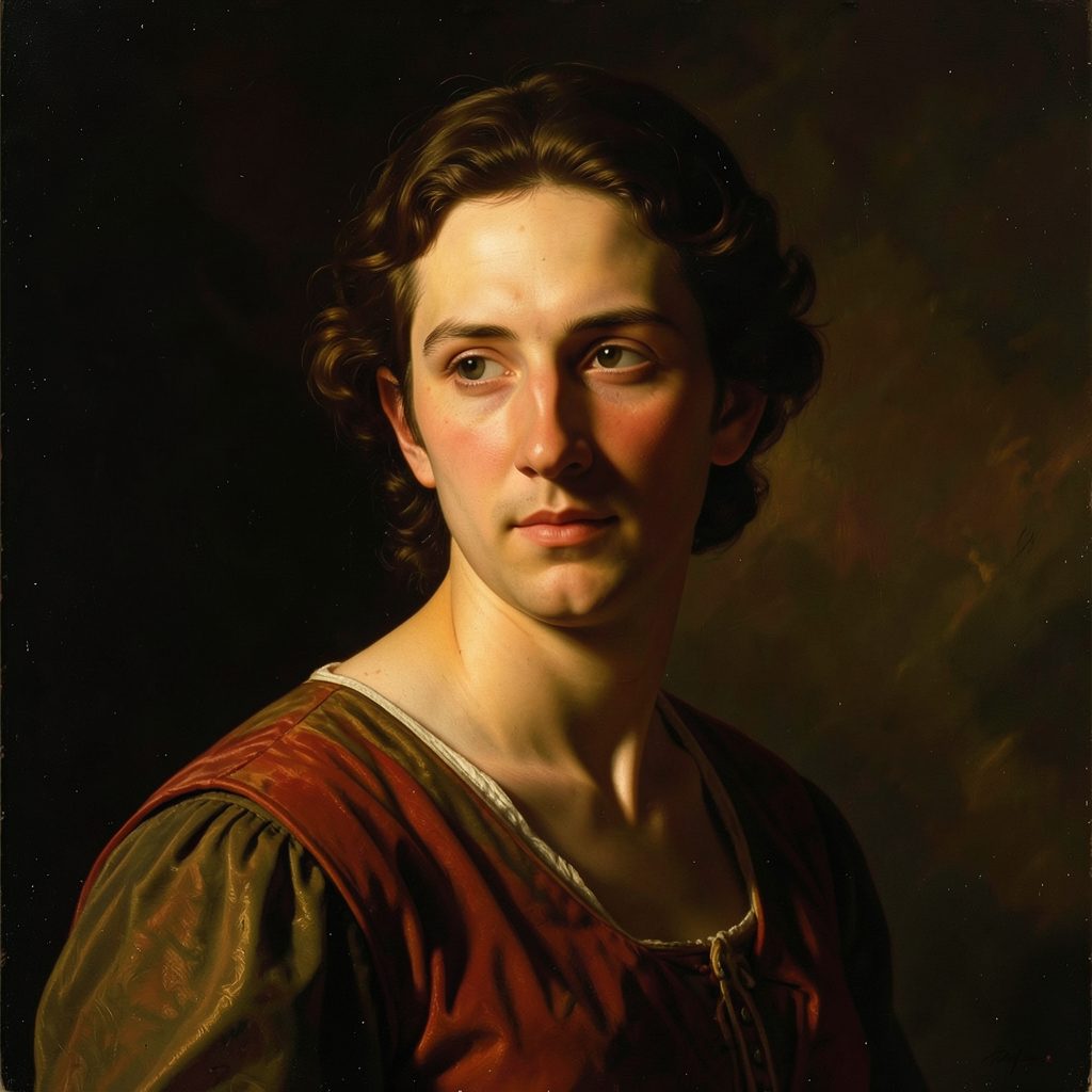 A classical-inspired figurative painting with dramatic lighting, warm amber and umber tones against a dark backdrop