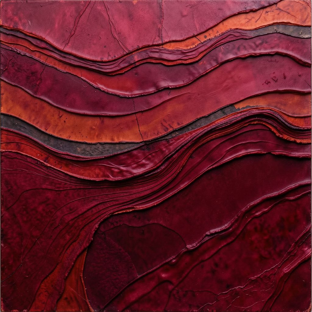 A mixed-media composition with layered textures, deep red tones, and organic flowing forms suggesting tidal movement