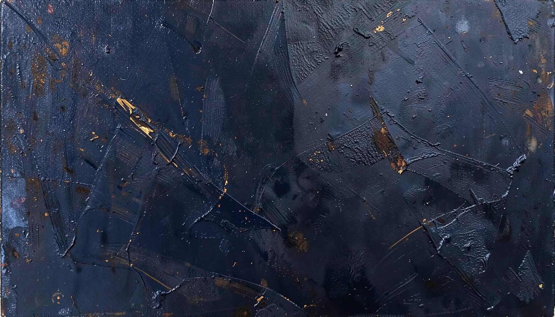 A richly textured abstract painting in deep navy and charcoal tones with gestural brushwork and subtle amber highlights
