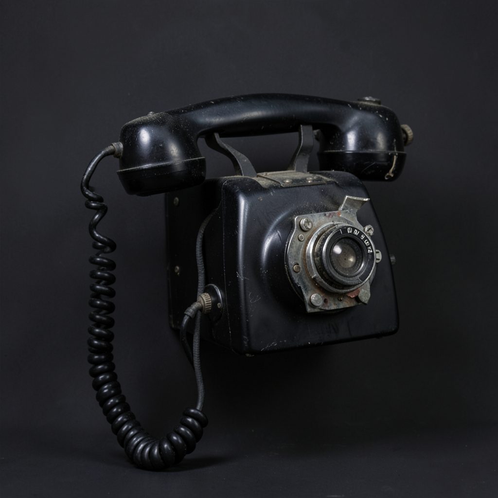 A sculptural assemblage piece combining a vintage black telephone handset with camera parts, mounted on a dark background