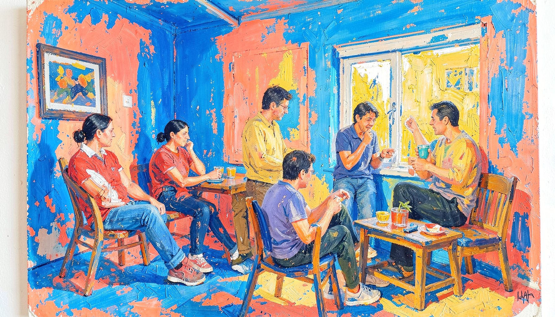 A vibrant figurative painting with bold brushstrokes in electric blue, coral, and golden yellow depicting casual everyday scenes