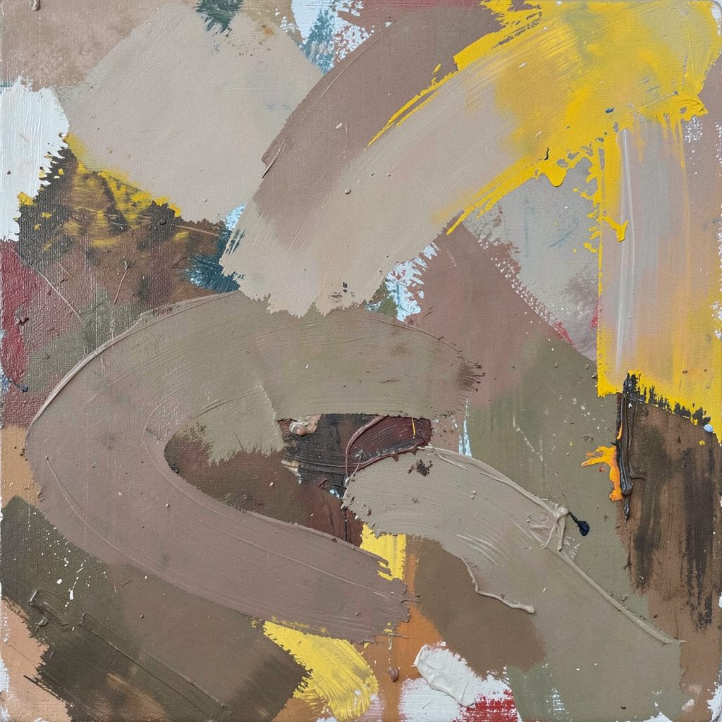 An abstract canvas painting with bold gestural strokes in muted earth tones and flashes of bright color