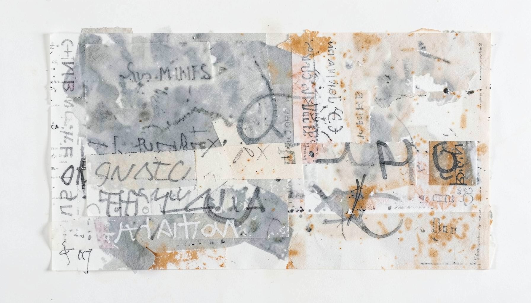 An expressive mixed-media work with layered text and gestural marks in muted grays, soft white, and touches of warm ochre